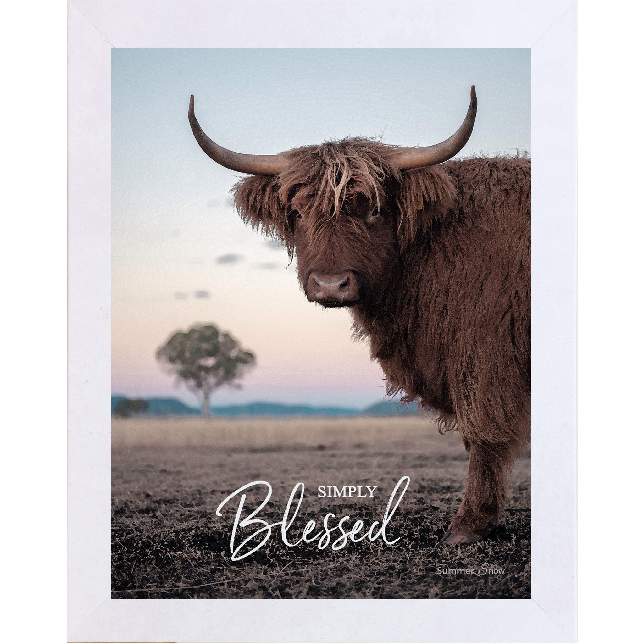 Terracotta White framed vertical farmhouse portrait wall art featuring a Highland cow with curved horns standing in a twilight field with a soft blush sky and lone tree with the words Simply Blessed