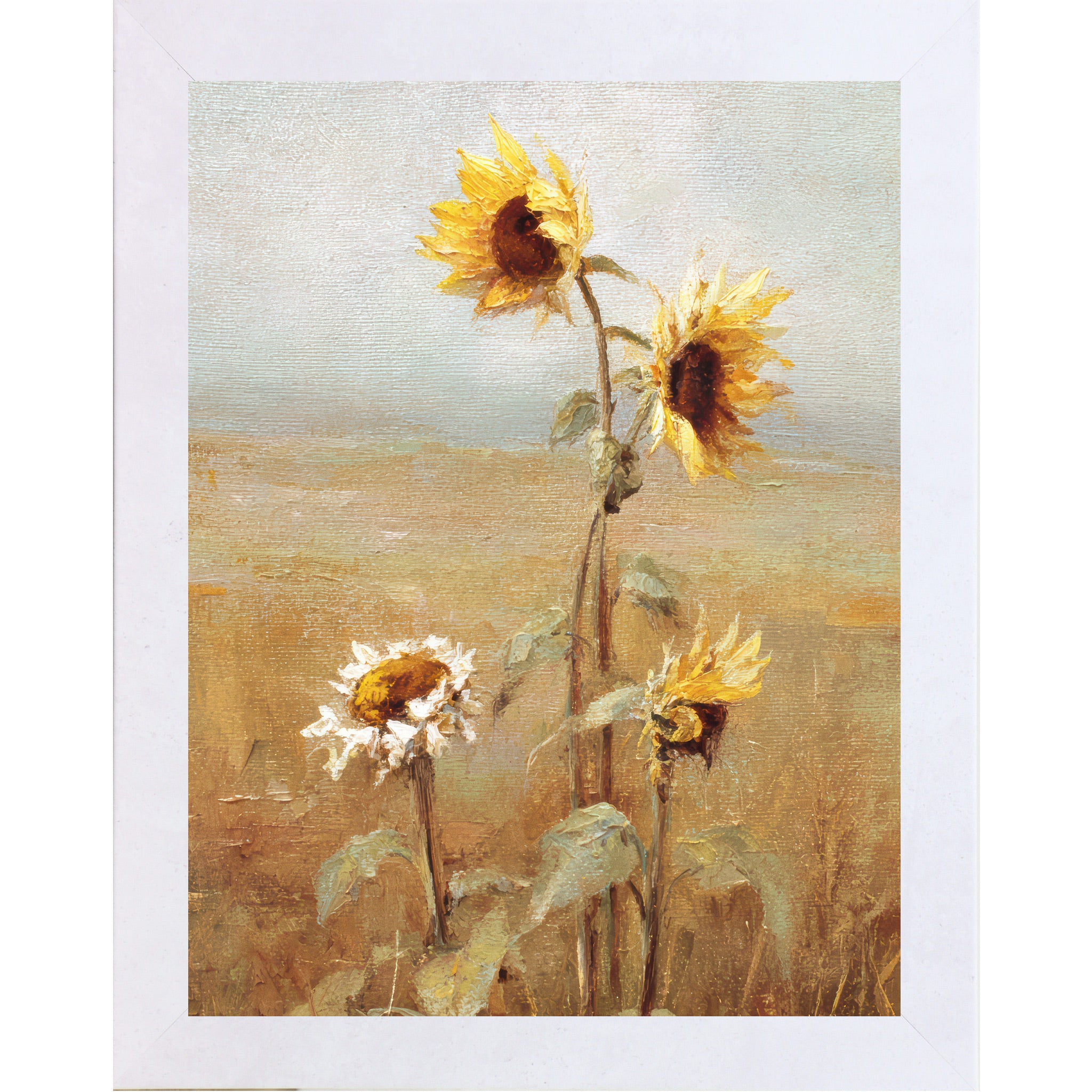 Terracotta White framed vertical farmhouse wall art featuring four sunflowers in expressive oil painting style with thick brushstrokes against a soft blue-gray sky and golden wheat field