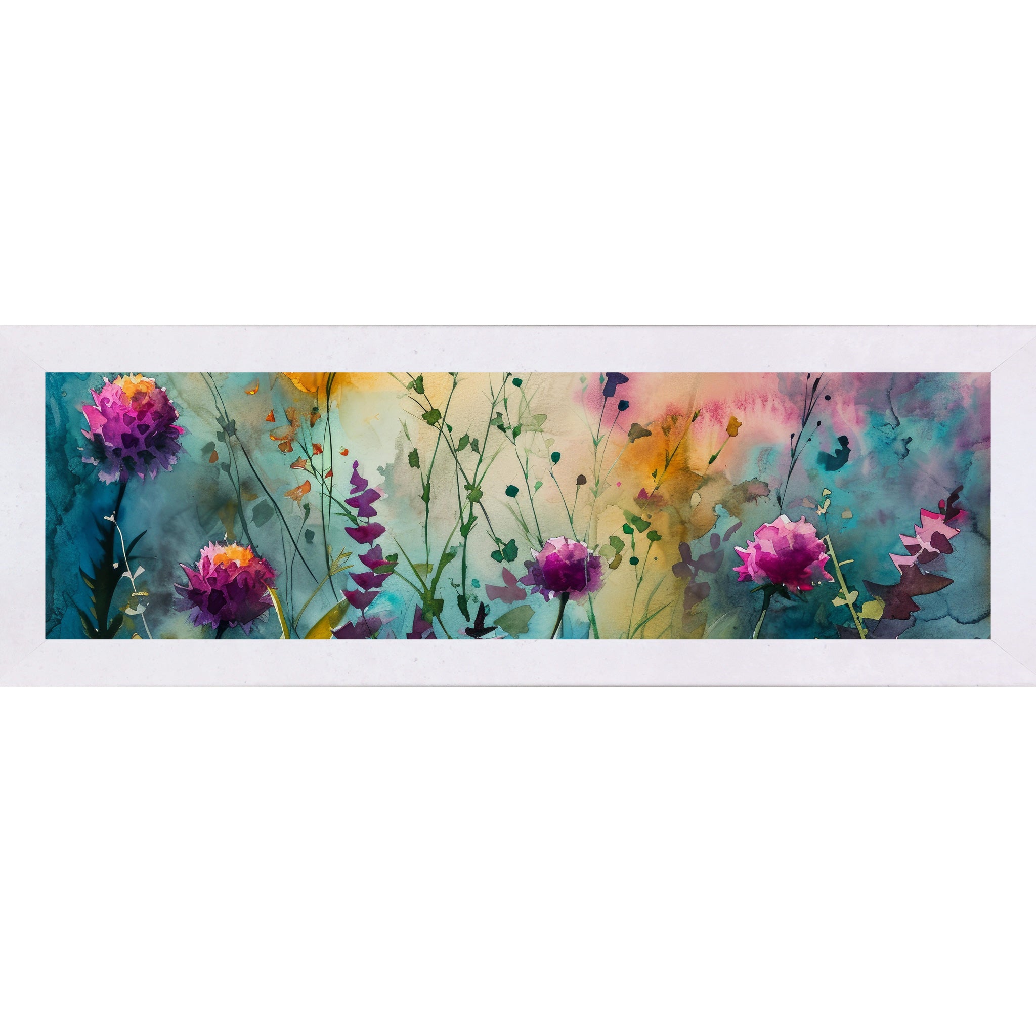 Terracotta White framed wide landscape watercolor wildflower wall art with purple and magenta blooms across a sweeping teal gold and pink meadow background
