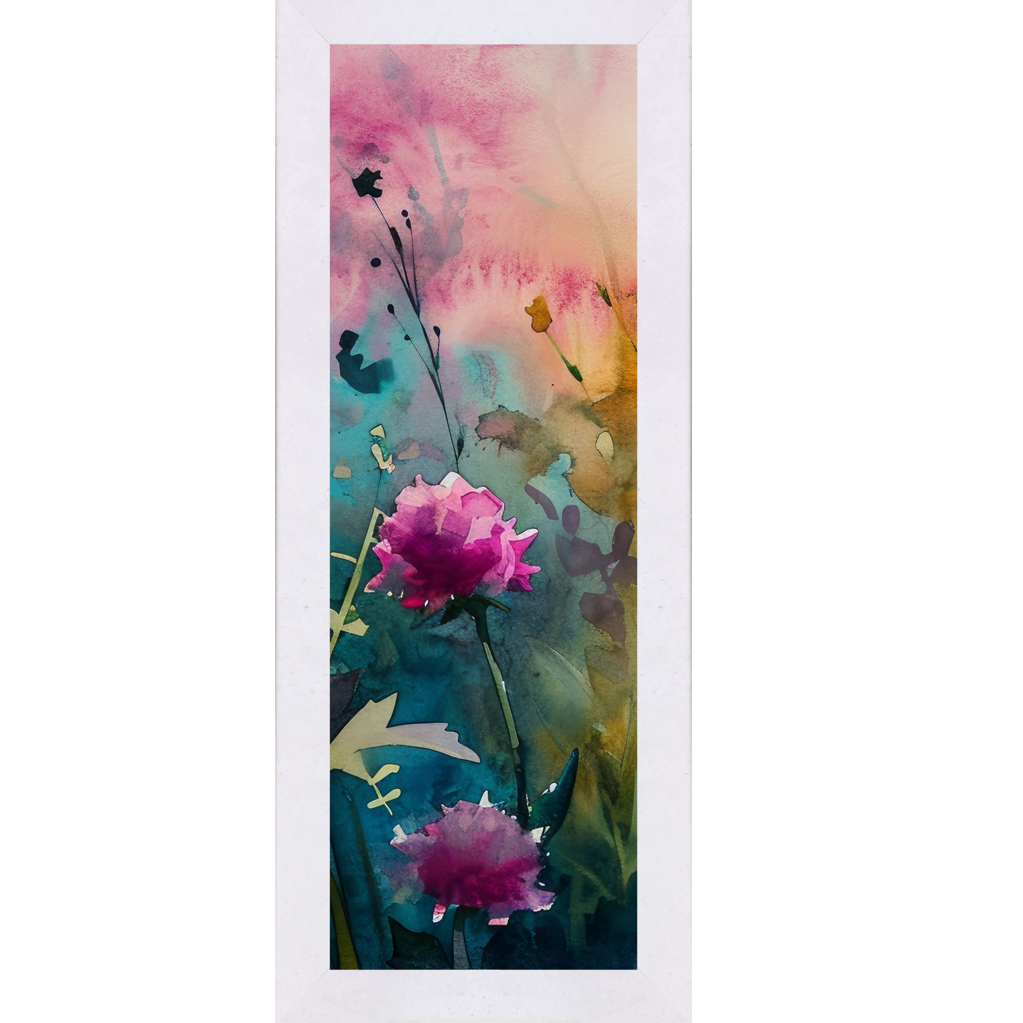 Terracotta White framed narrow portrait watercolor wildflower wall art with a large open magenta peony against a hot pink teal and orange background with dramatic ink-style stems