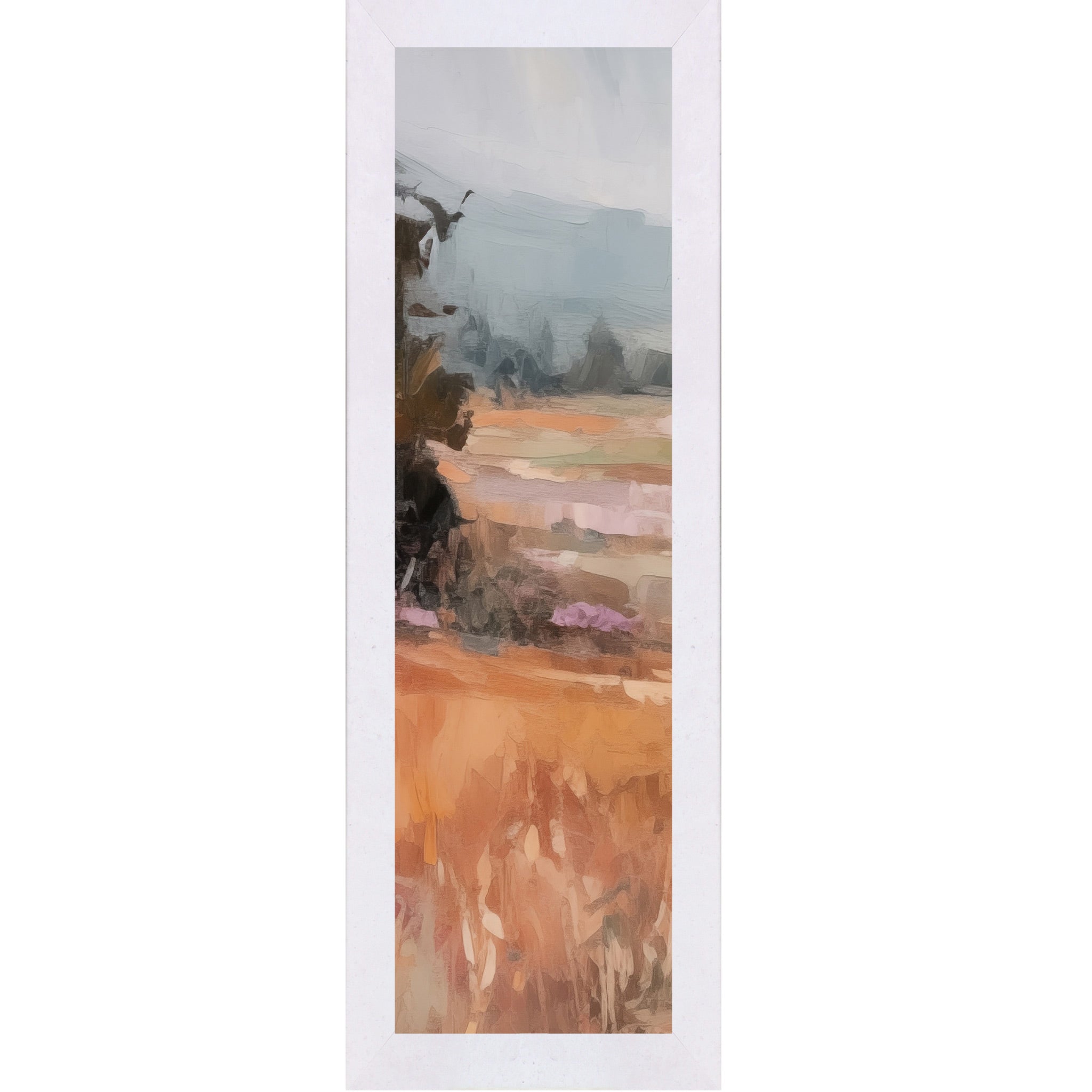 Terracotta White framed narrow portrait abstract terracotta landscape wall art with moody blue-grey sky dark tree left edge and warm amber field with purple lavender midground tones