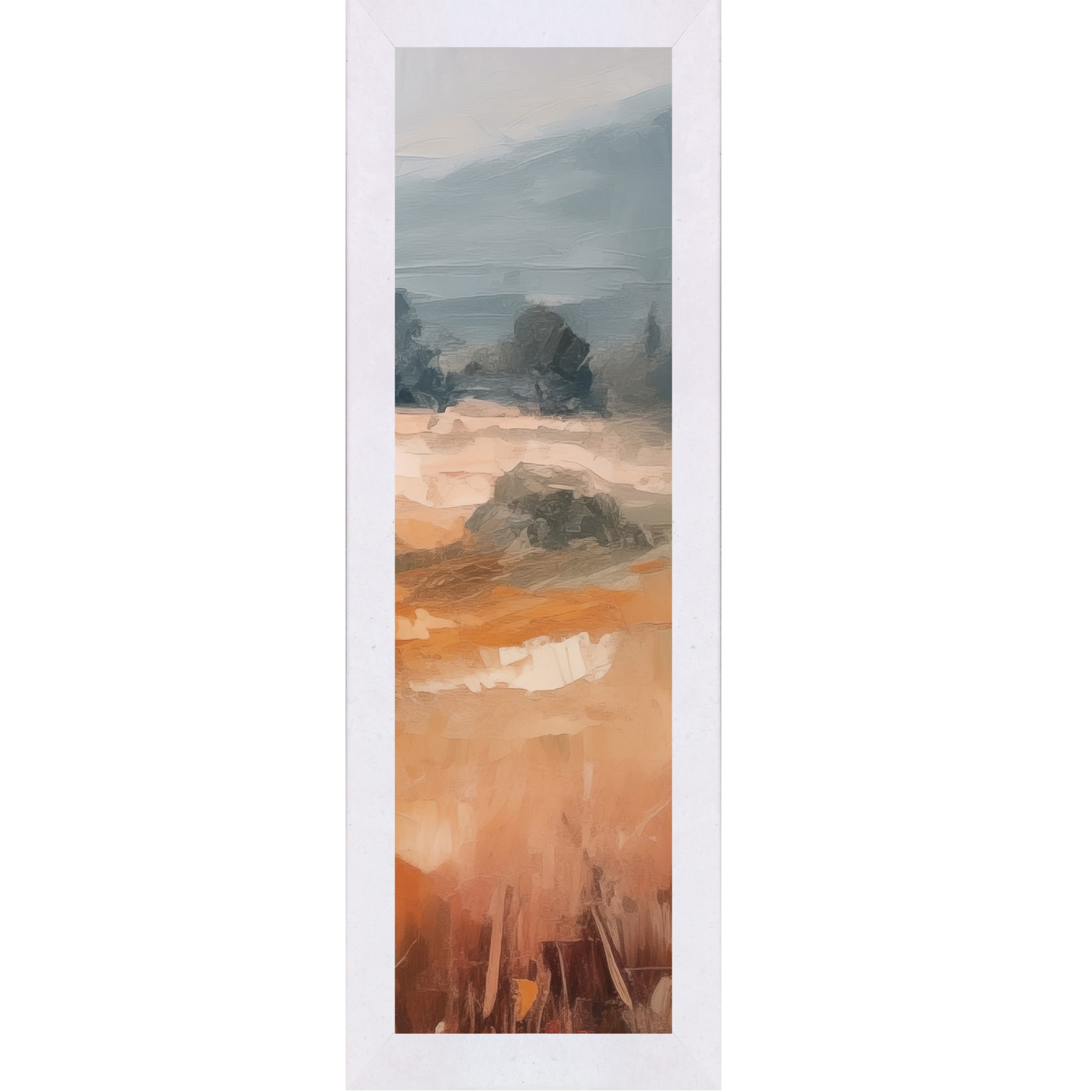 Terracotta White framed narrow portrait abstract terracotta landscape wall art with rich amber and orange field dark trees in midground and dramatic blue-grey sky