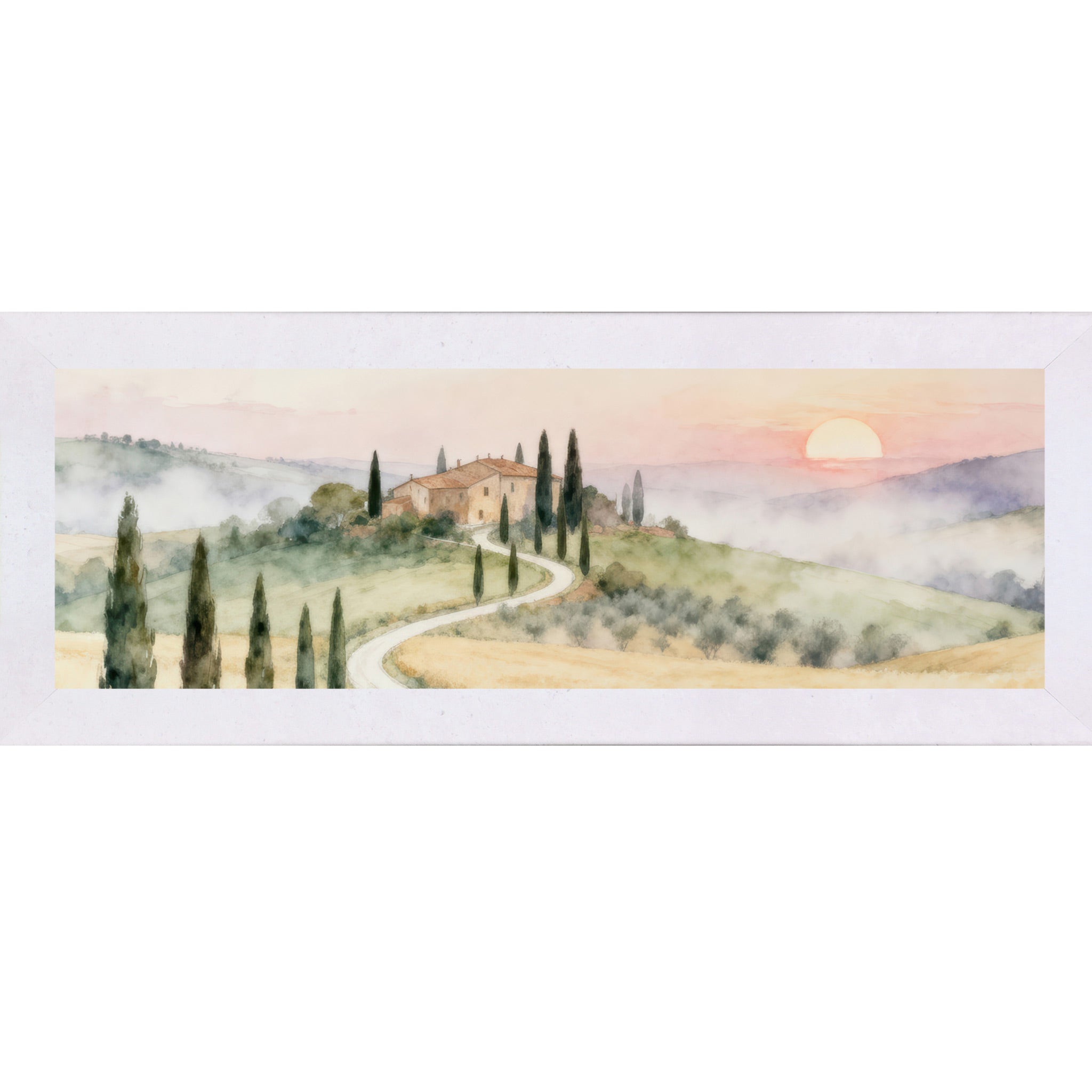Terracotta white framed wide landscape Tuscan watercolor wall art featuring a winding white road through golden wheat fields and cypress trees leading to a terracotta villa on a green hillside with a peach and coral sunrise