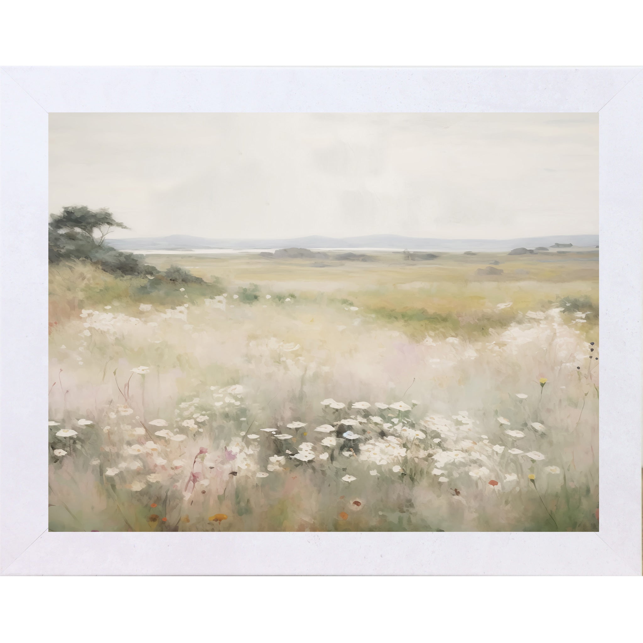 Terracotta white framed landscape watercolor wildflower meadow wall art with white blooms soft grasses golden fields and distant coastal bay under pearl grey sky — neutral floral scenic decor