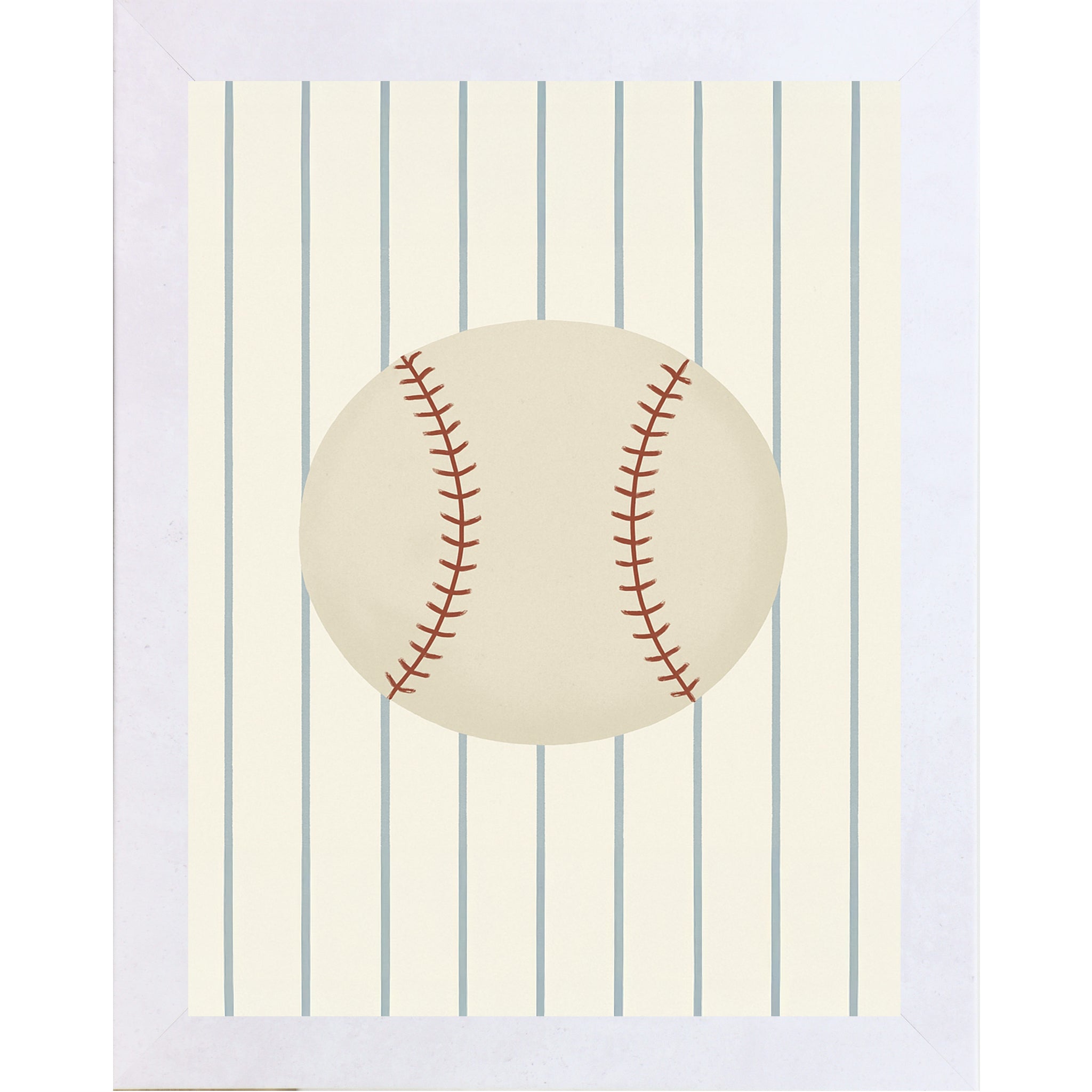 White color Framed baseball wall art featuring a classic baseball on a striped background for sports bedroom or baseball themed nursery decor.