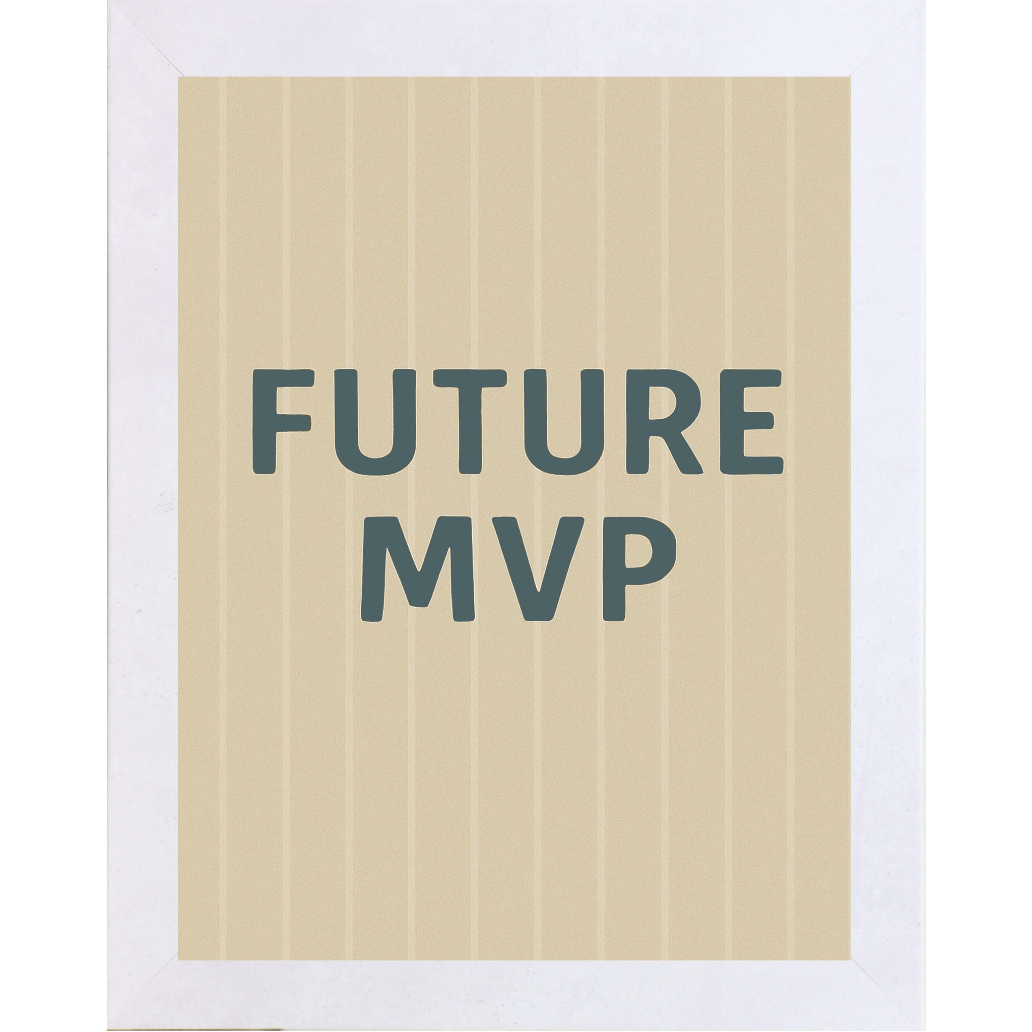 White Frame Color Framed sports nursery wall art reading Future MVP on striped baseball inspired background for boys room or sports themed nursery.