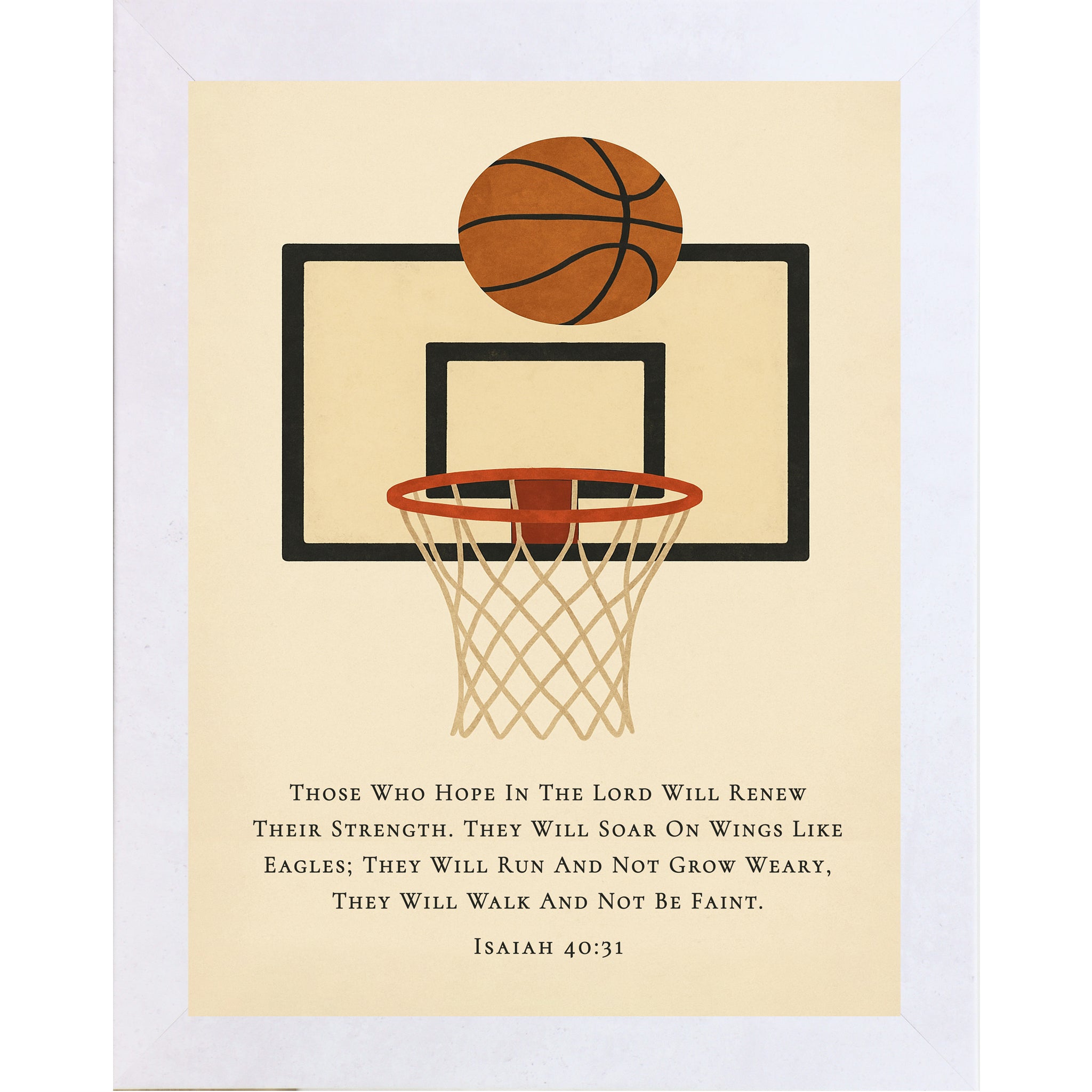 Terracotta White color frame Christian basketball wall art featuring a basketball hoop illustration with the Bible verse Isaiah 40:31 on a neutral background.