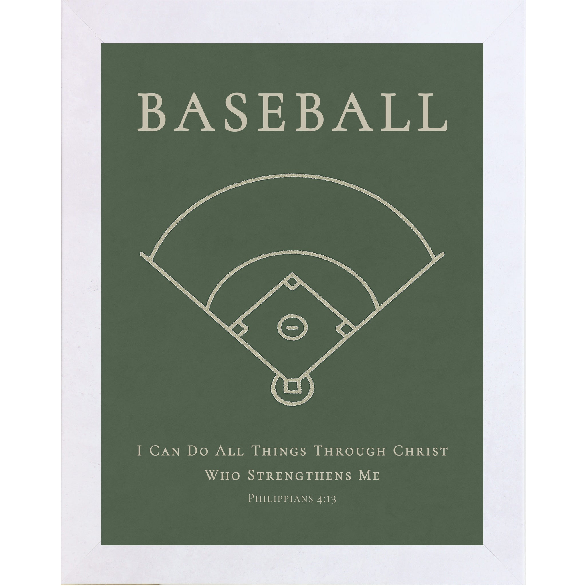 Terracotta White color frame with Baseball themed Christian wall art featuring a baseball diamond illustration with the Bible verse Philippians 4:13 on a green background.
