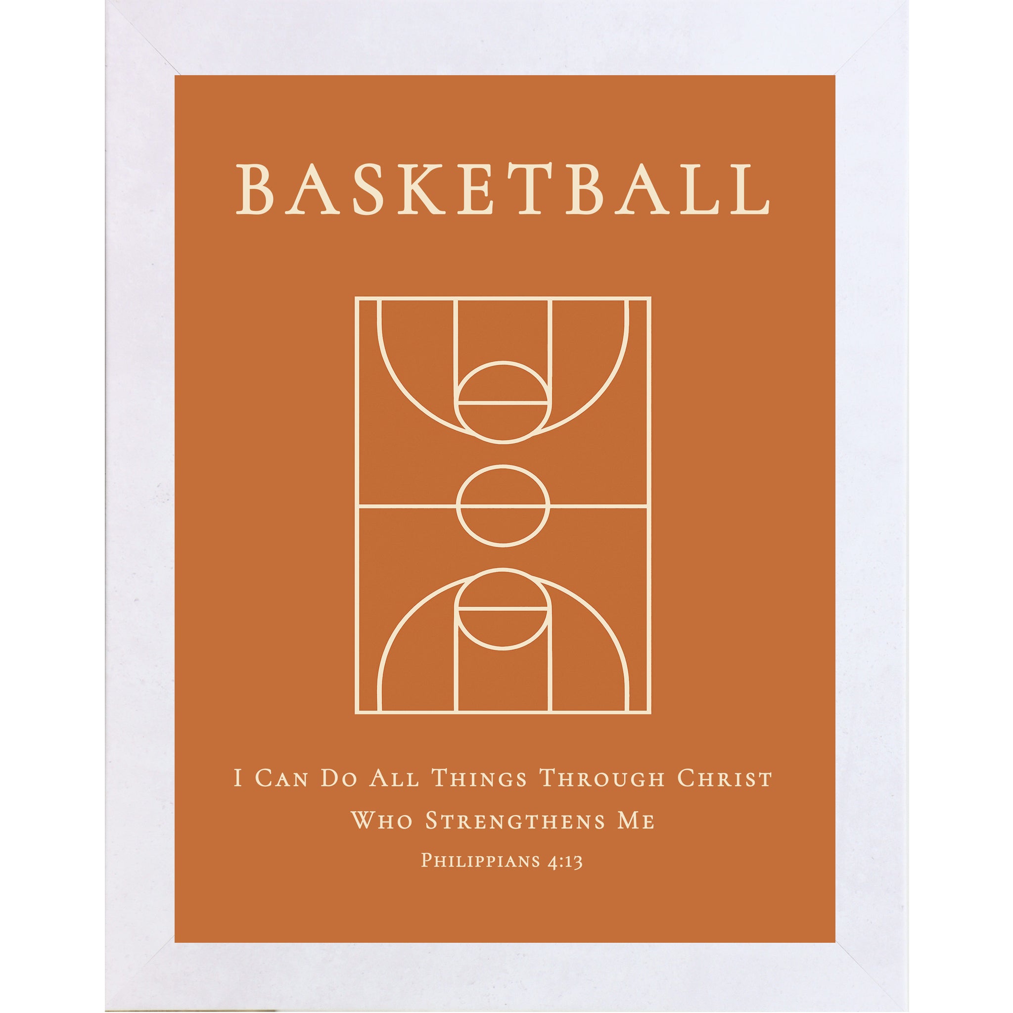Terracotta White Frame Color Christian basketball wall art featuring a basketball court diagram with the Bible verse Philippians 4:13 on an orange background.
