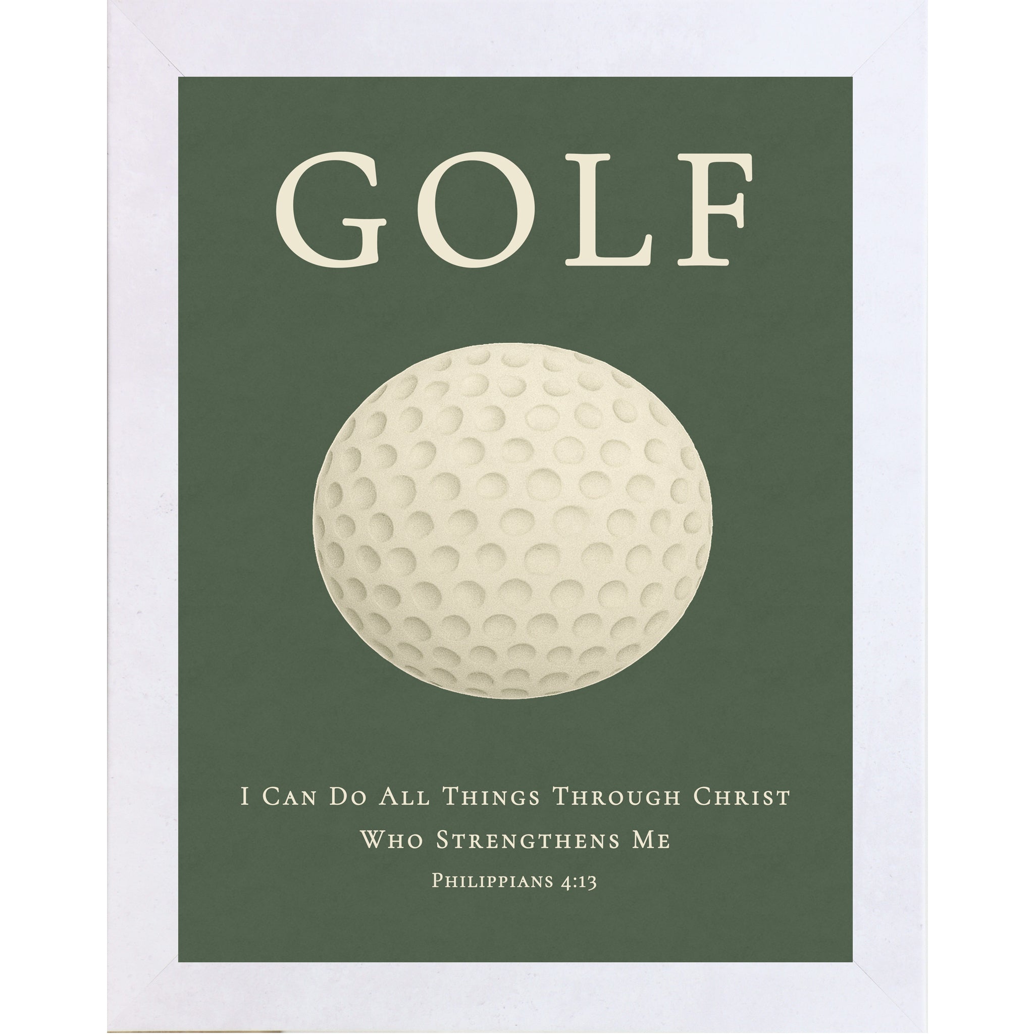 Terracotta White color framed Christian golf wall art featuring a golf ball with the Bible verse Philippians 4:13 on a green background.