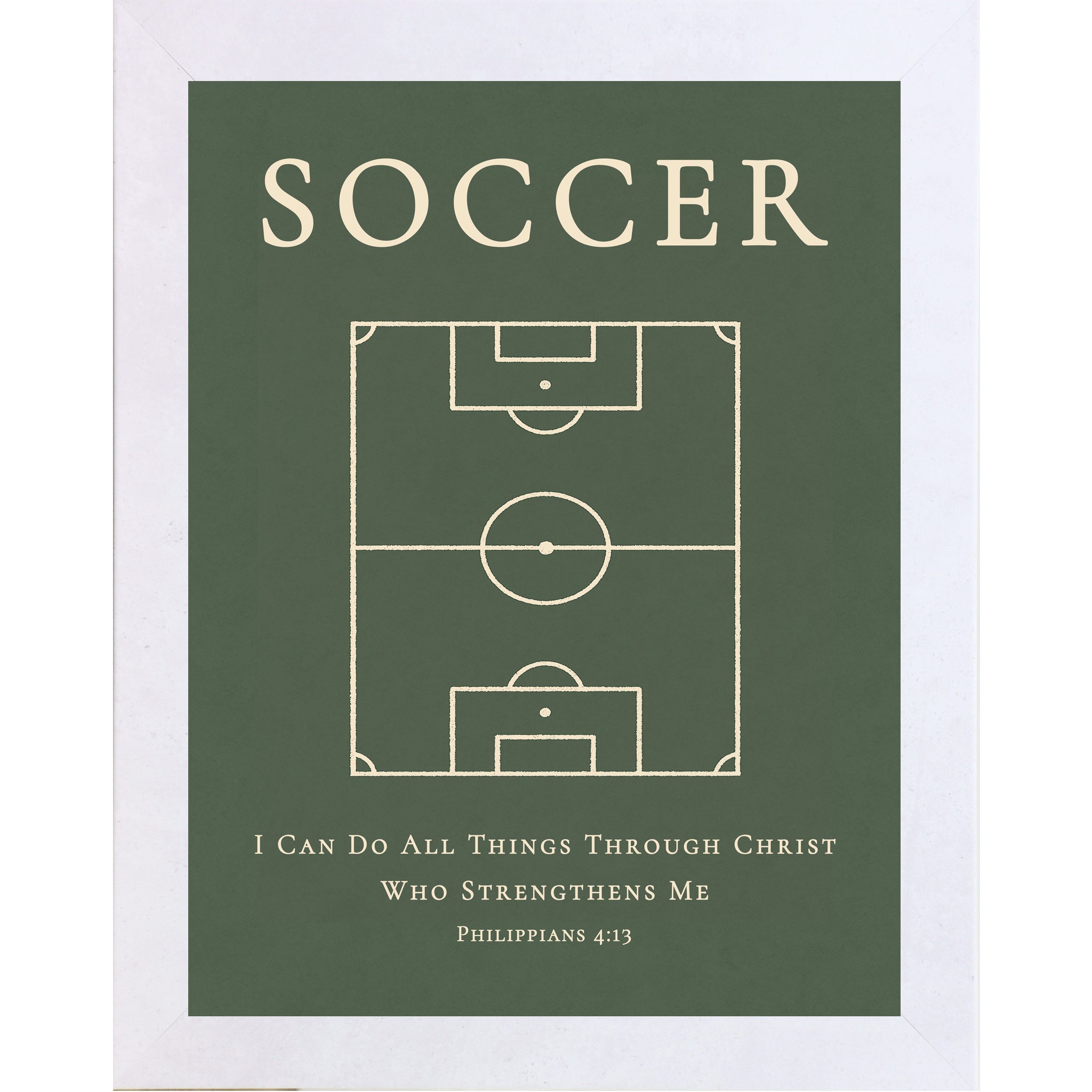 Terra Cotta White Frame. Christian soccer wall art featuring a soccer field diagram with the Bible verse Philippians 4:13 on a green background.