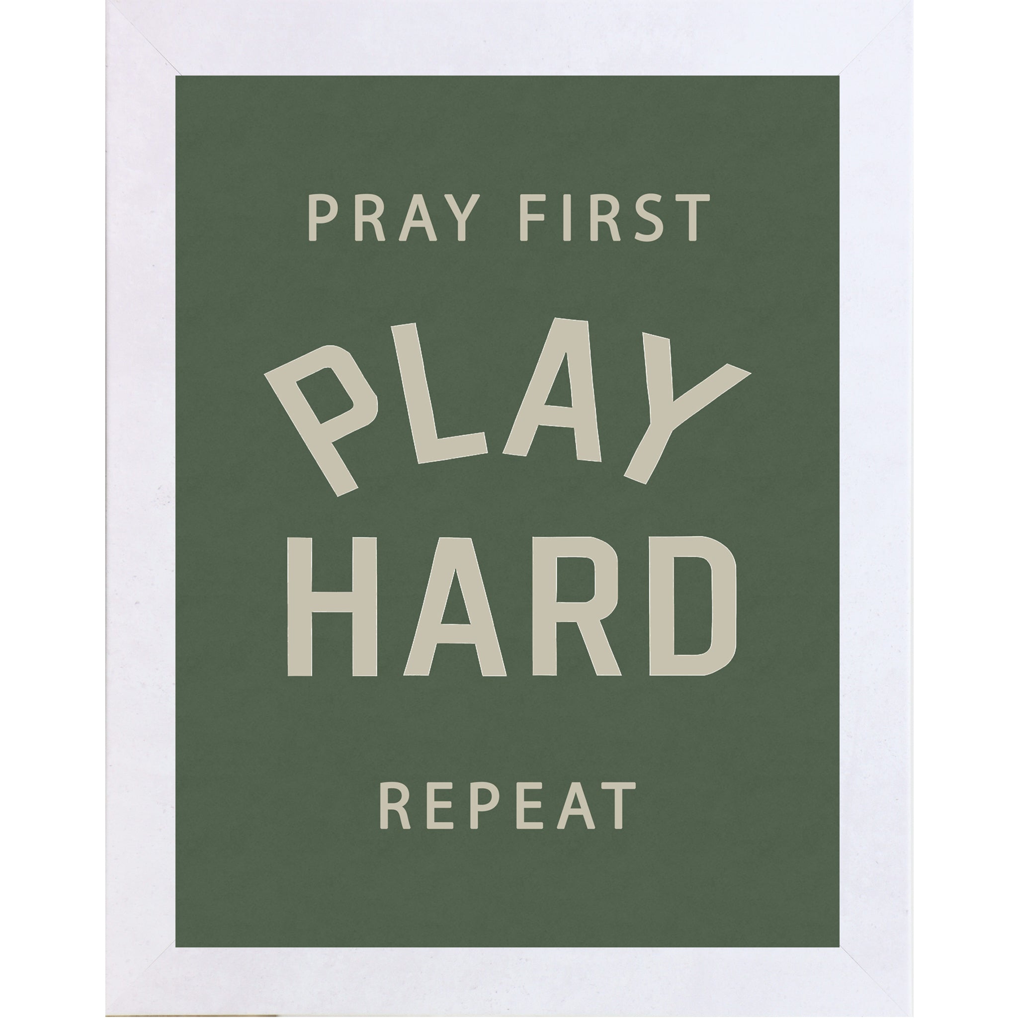 White frame color Framed motivational sports wall art with green background reading Pray First Play Hard Repeat for athlete bedroom decor and faith inspired sports spaces.