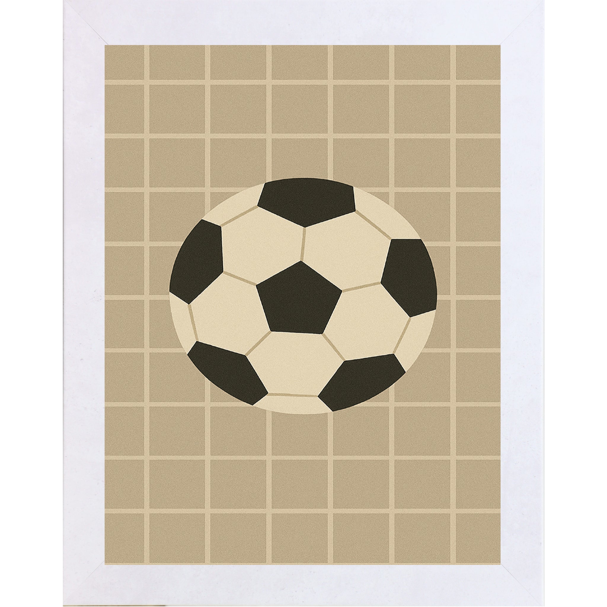 Terracotta White frame color Soccer ball wall art featuring a black and white soccer ball centered on a tan grid background.