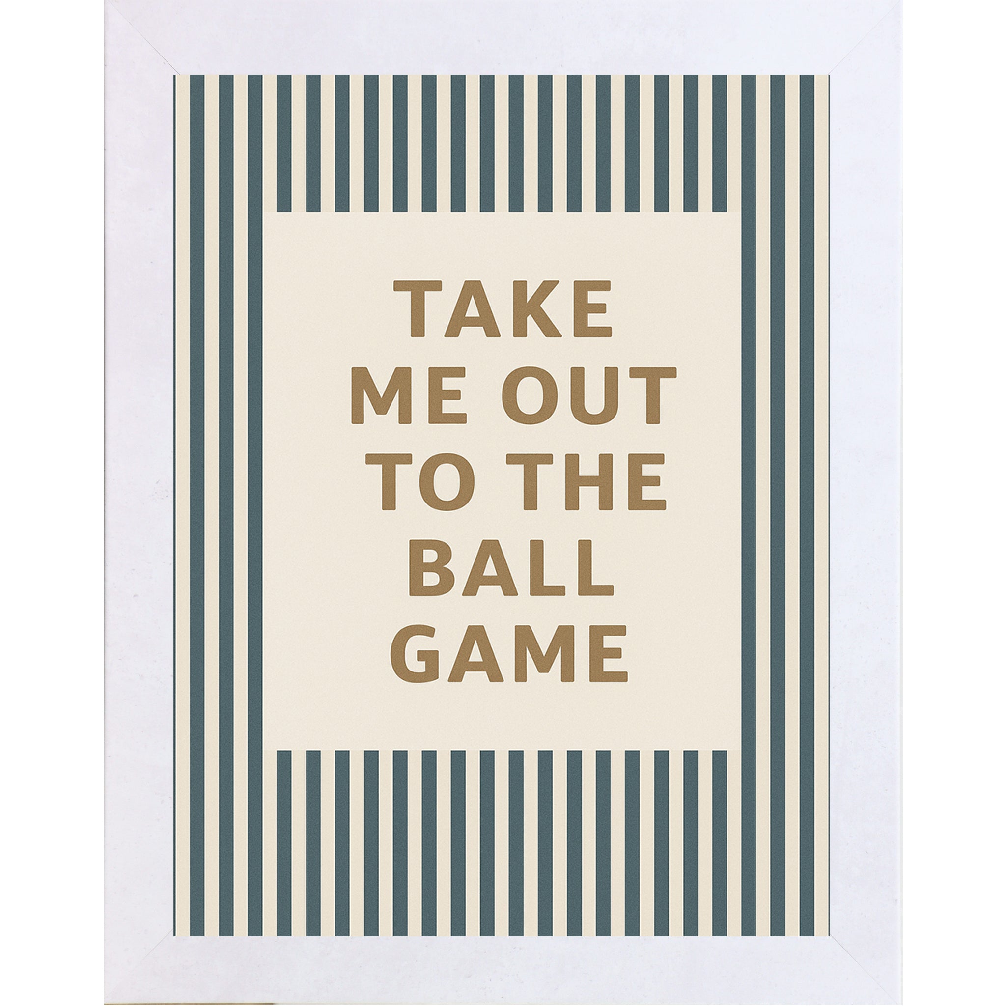 Terracotta White frame color with Baseball themed framed wall art featuring the phrase “Take Me Out To The Ball Game” on an off white background with vintage teal baseball pinstripes.