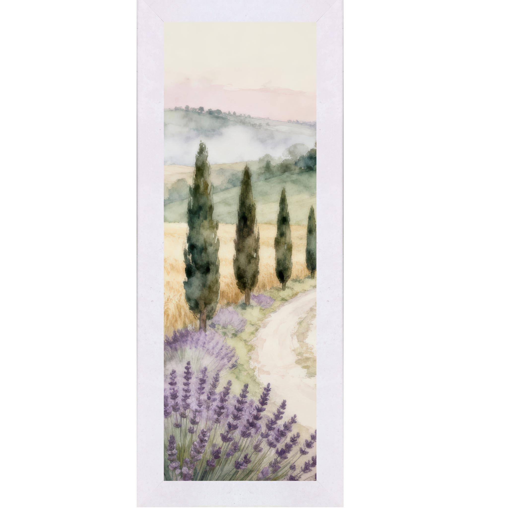 Terracotta white framed narrow portrait Tuscan watercolor wall art with lavender foreground cypress trees winding path and misty golden fields — Italian countryside slim vertical decor