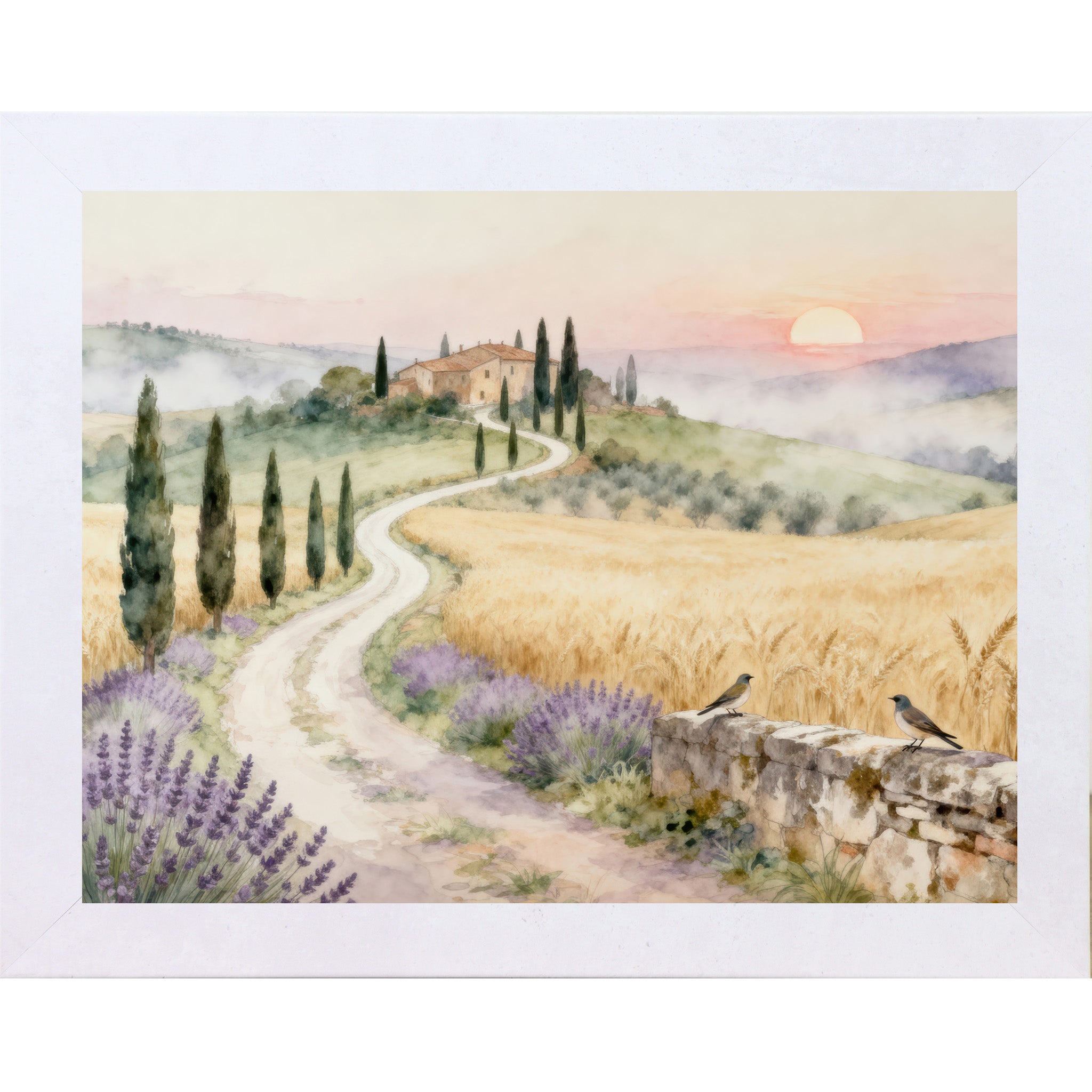 Terracotta white framed landscape Tuscan watercolor wall art with winding road cypress trees lavender fields and villa at sunrise with two bluebirds on stone wall — triptych center piece