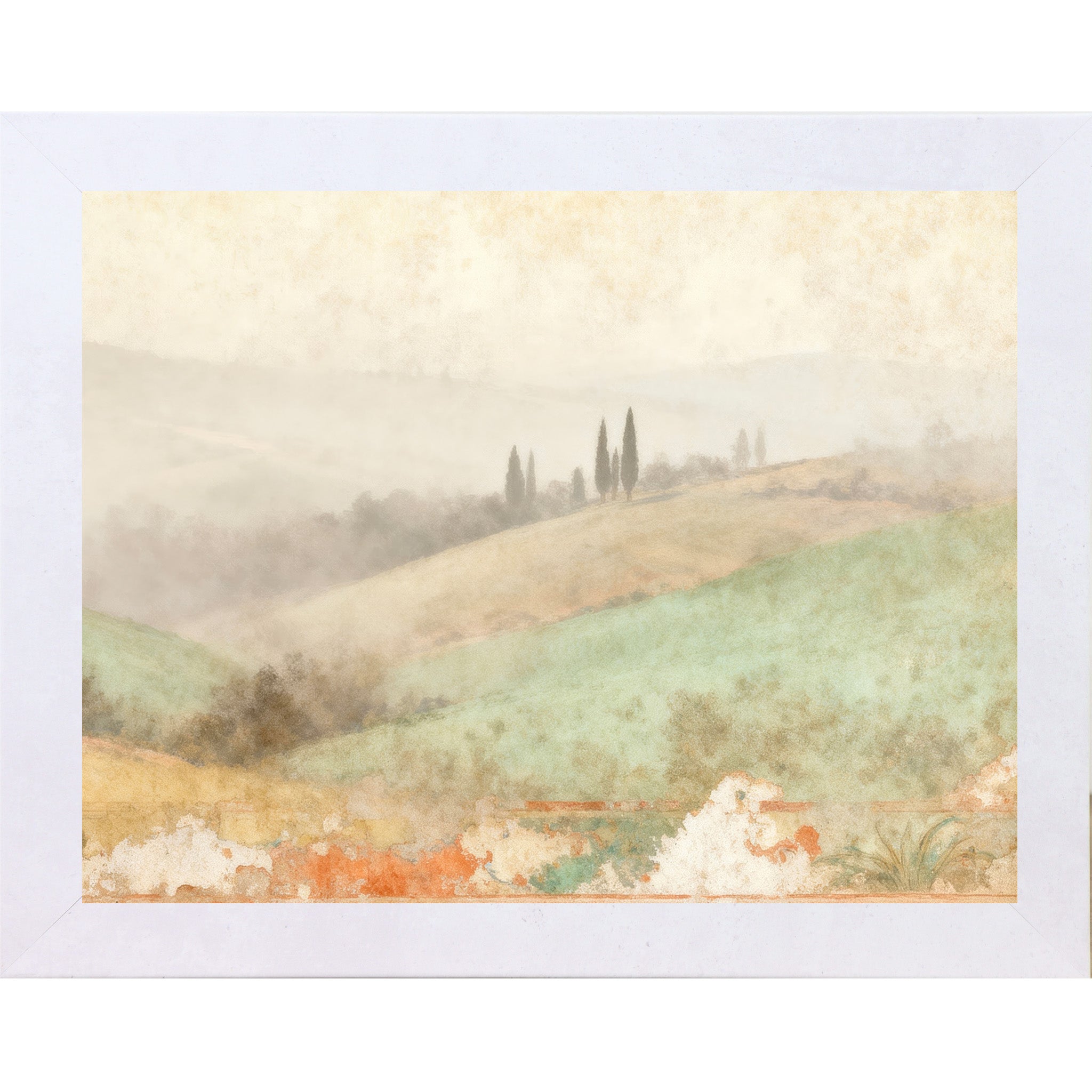 Terracotta white framed landscape Tuscan wall art with misty valley rolling sage hills and cypress trees with distressed fresco botanical border — Italian countryside companion piece