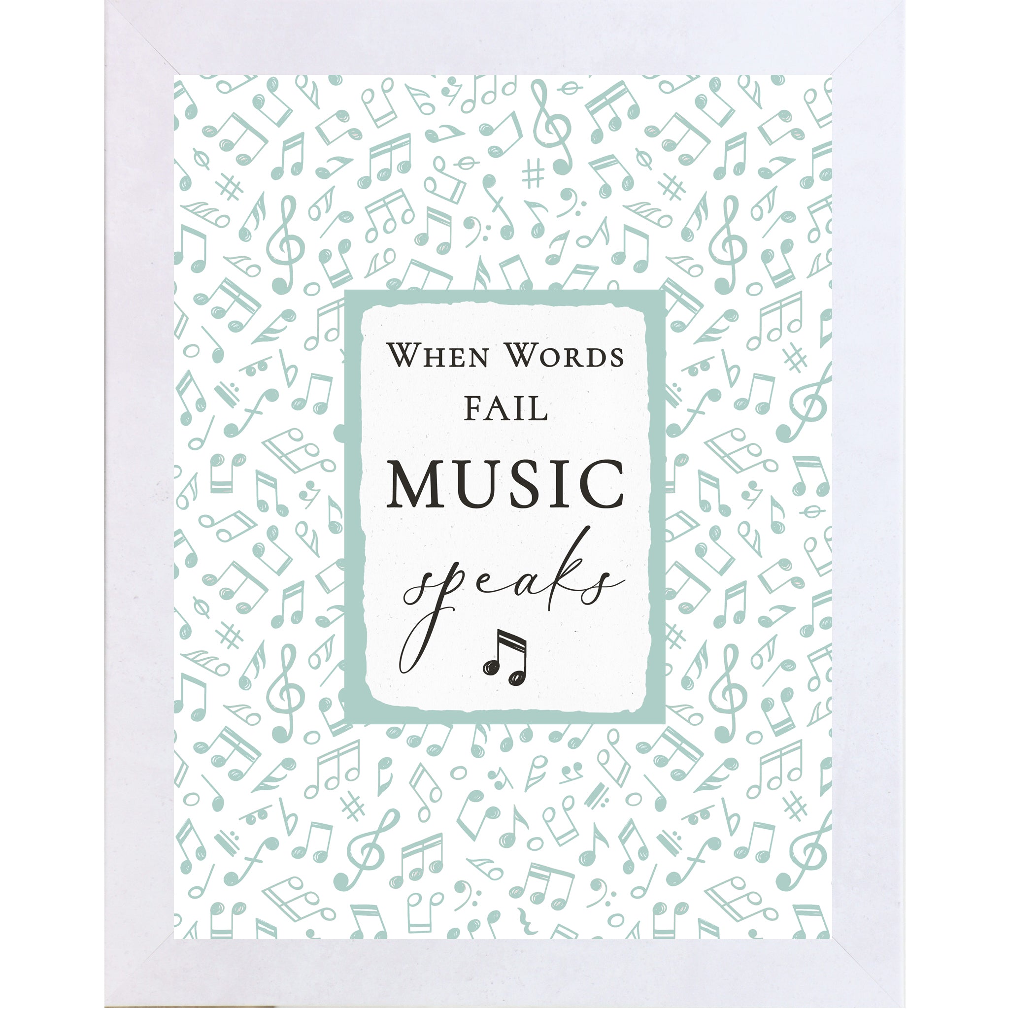 Terracotta White frame color When Words Fail Music Speaks framed wall art with green and blue musical notes on a white background, inspirational music quote decor for music classrooms and studios.