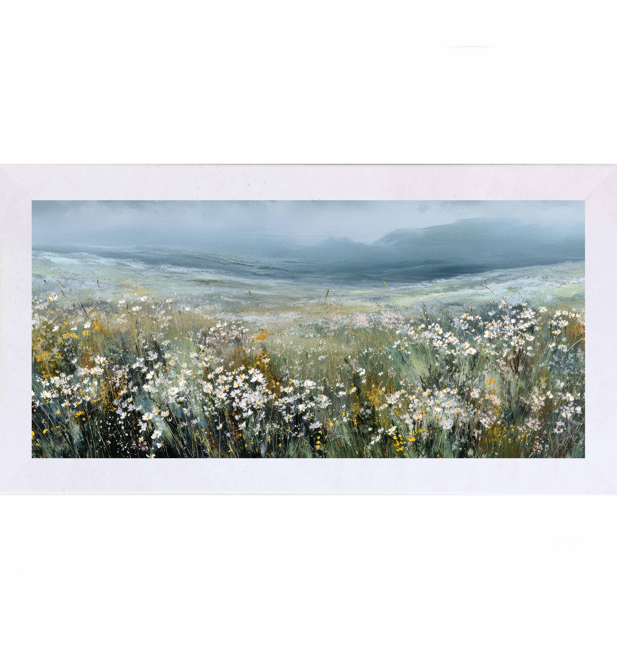 Terracotta White Frame Color Watercolor wildflower meadow landscape framed wall art featuring rolling green hills and white blossoms beneath a soft blue sky in a wide horizontal format.