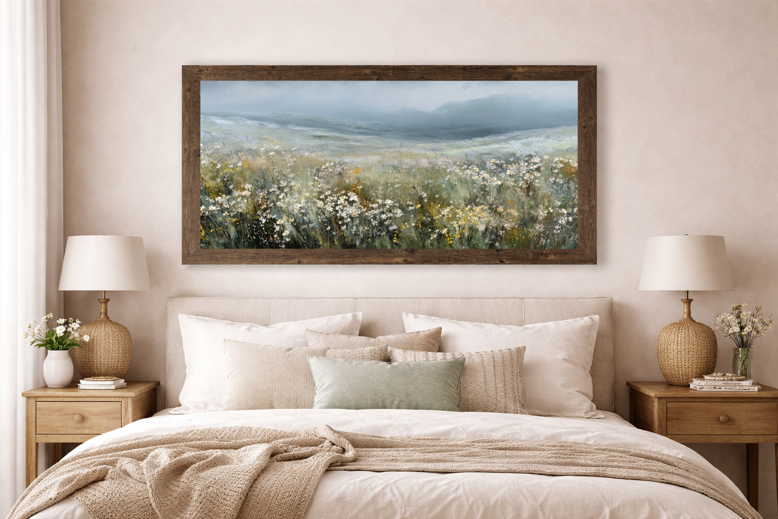Natural brown frame color watercolor wildflower meadow landscape framed wall art featuring rolling green hills and white blossoms beneath a soft blue sky in a wide horizontal format above a bed in a room setting.