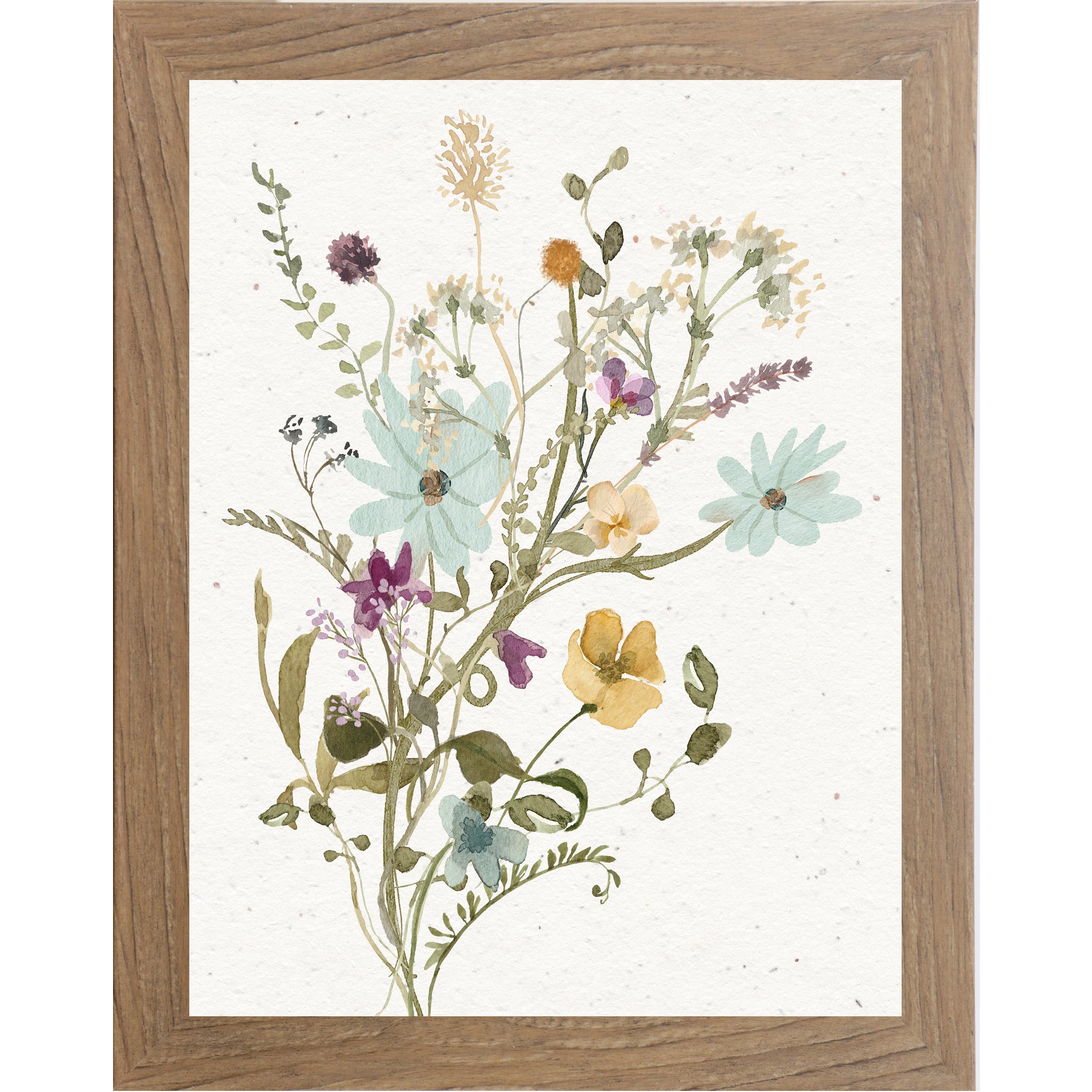 Vertical wildflower bouquet wall art featuring watercolor florals in blue, yellow, red, and green on a soft neutral textured background.