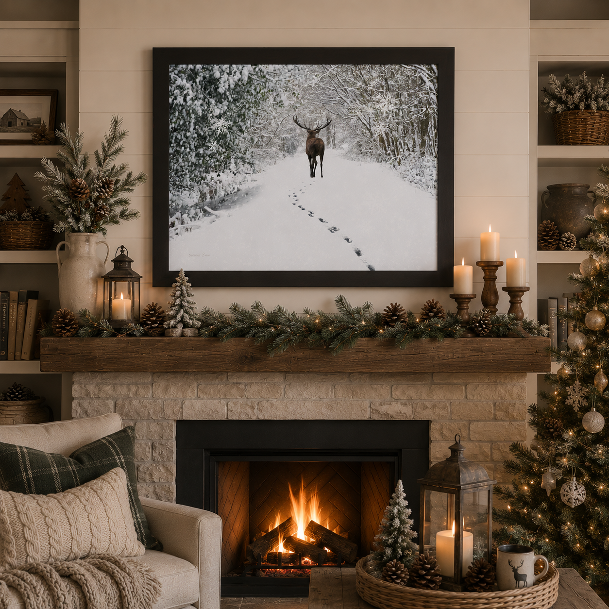 Black framed horizontal winter deer forest path wall art featuring a deer walking away down a snow-covered forest path displayed as a large 32x26 statement piece above a stone fireplace mantle in a fully decorated Christmas living room with pine garland candlesticks Christmas tree and roaring fire