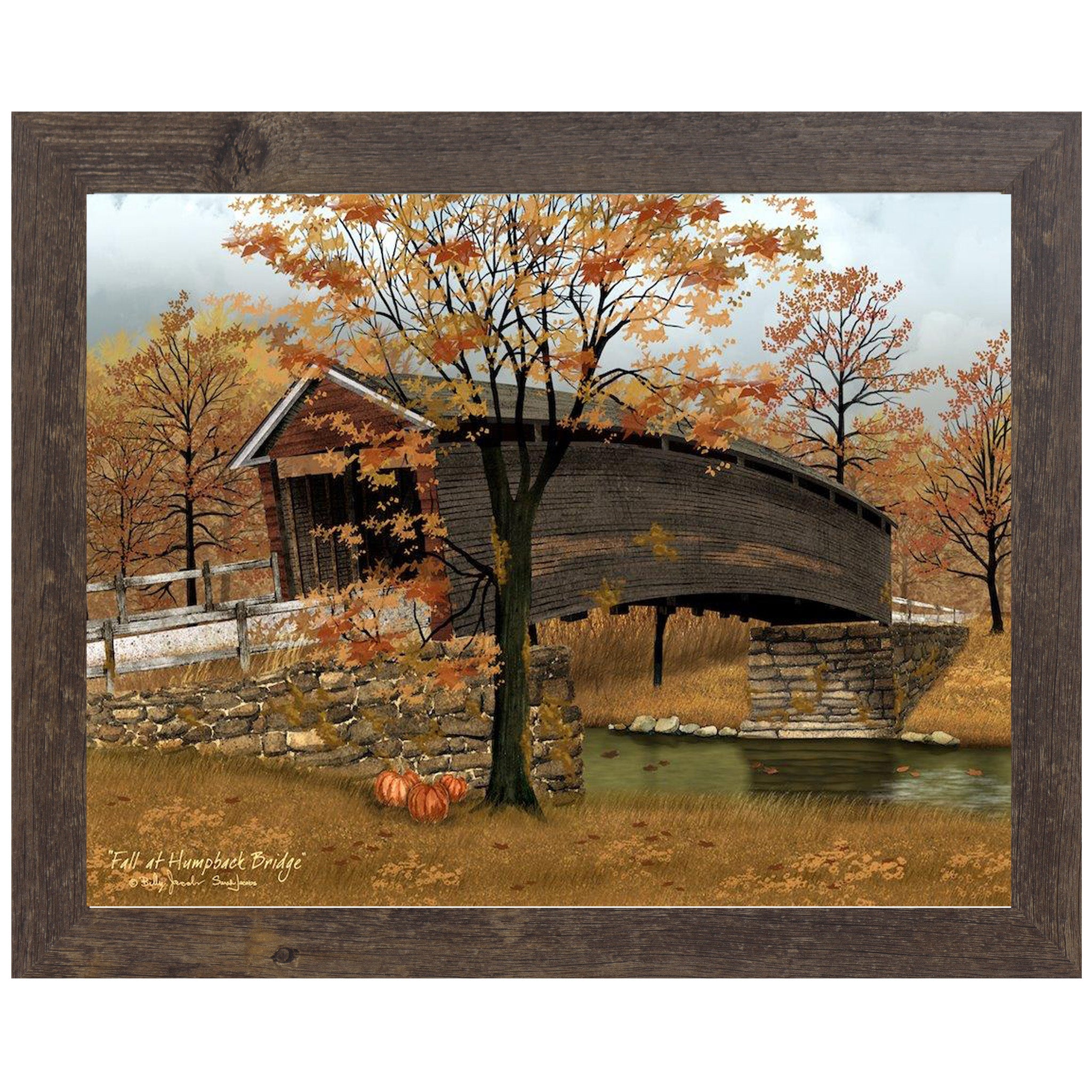 Fall at Humpback Bridge – Framed Country Autumn Art – Summer Snow Art