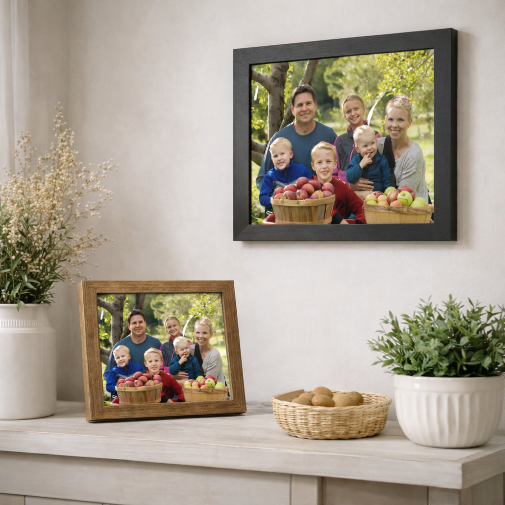 Framed custom photo prints handcrafted by Summer Snow Art in Wisconsin, showing restored and enhanced family photos in rustic wood frames