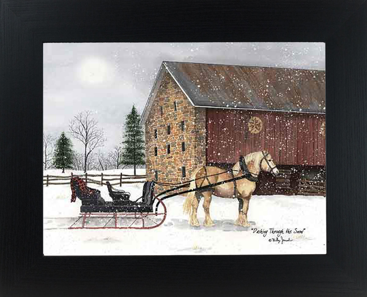 Winter farm framed wall art by Billy Jacobs featuring a snowy barn scene with a draft horse pulling a sleigh through falling snow, classic Americana decor