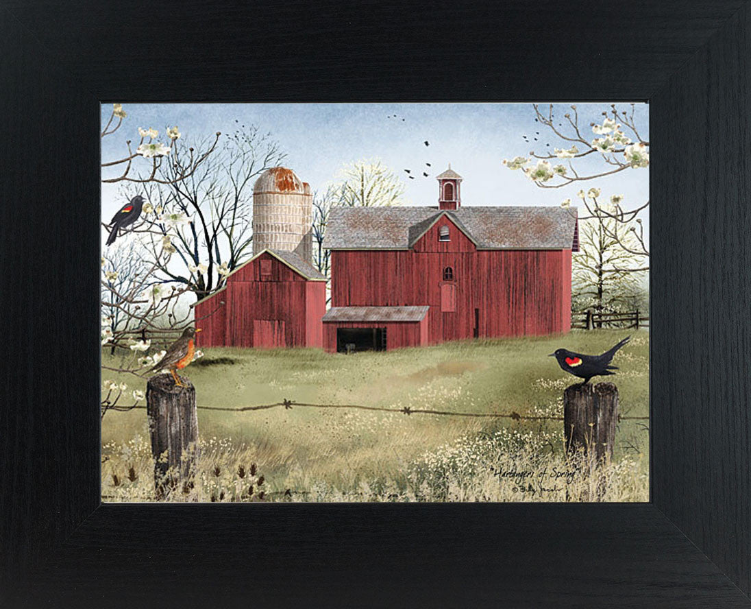 Framed spring farm wall art by Billy Jacobs featuring a red barn in a green field with blossoming trees, fence posts, blackbirds, and a robin