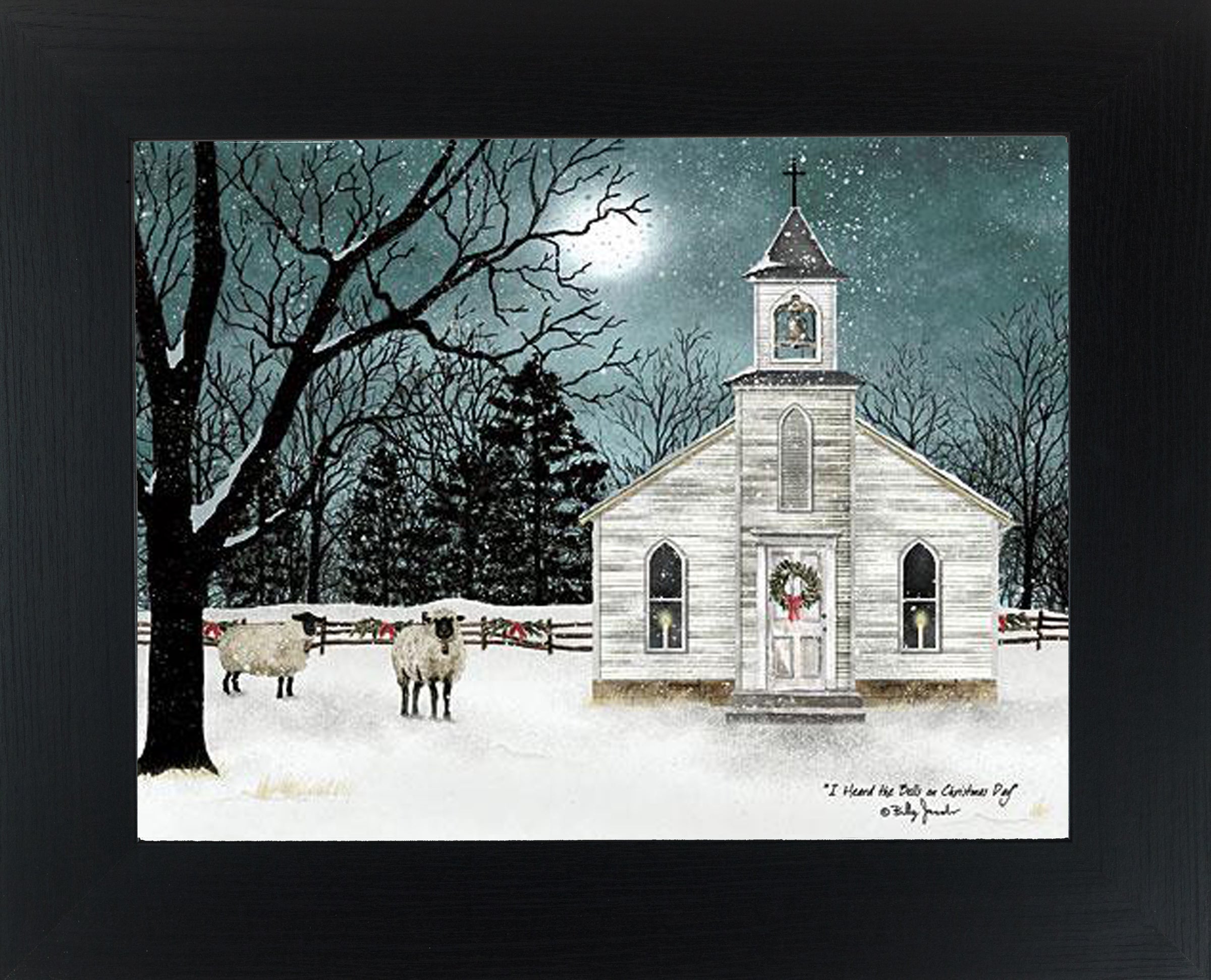 Framed Christmas wall art by Billy Jacobs showing a steeple church at night in a snowy winter scene with falling snow and the phrase “I Heard the Bells on Christmas Day.”