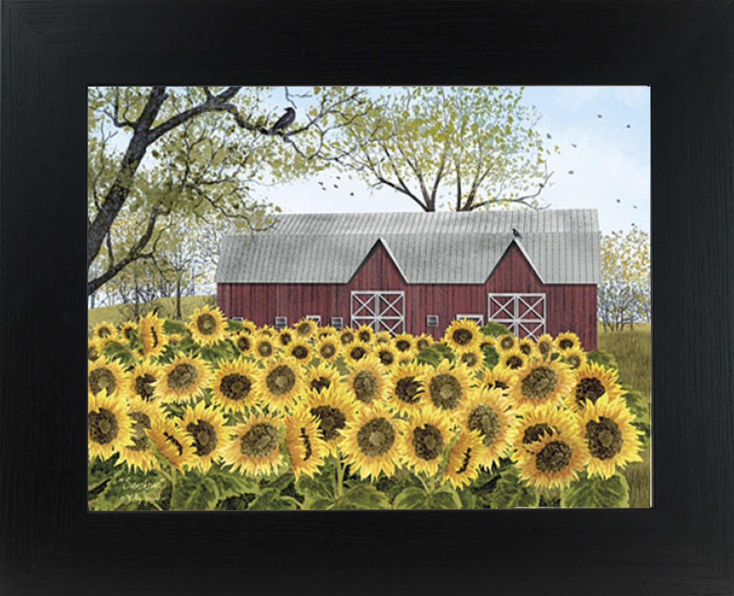 Sunflower farm framed wall art by Billy Jacobs featuring a field of sunflowers with a red barn and green trees in the background, Americana country decor
